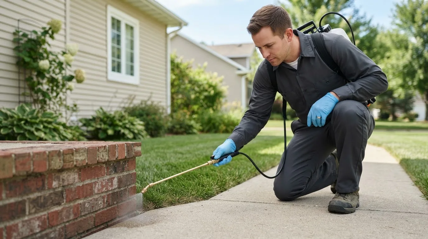 Pest control technician treating a home near Holly, MI