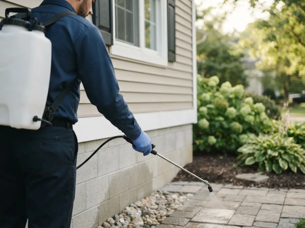 Pest control technician inspecting a home in Holly, MI